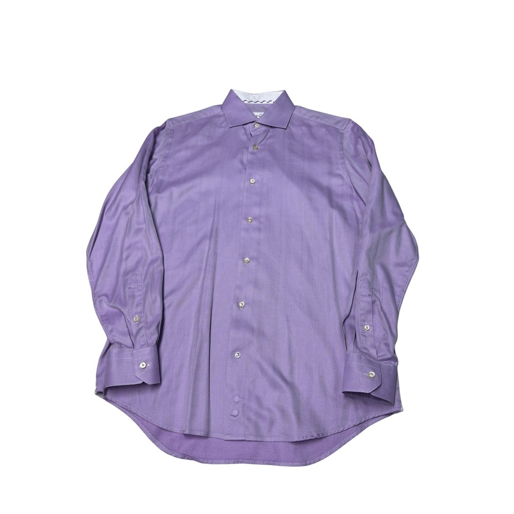Robert Graham Mens Purple Herringbone 100% Cotton Long Sleeve Shirt Size 33 16.5